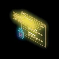 Neon internet security breach with open padlock and cross mark vector