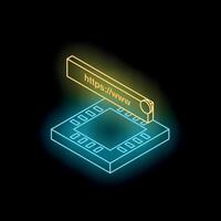 Neon https stamp leaving mark on microchip, symbol of secure web technology vector