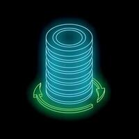 Database updating with rotating arrows in neon style on black background vector
