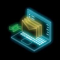 Neon laptop sending and receiving emails in dark background vector