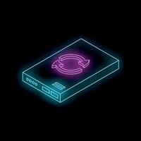 Neon external hard drive with rotating arrows symbolizing synchronization process on black background vector