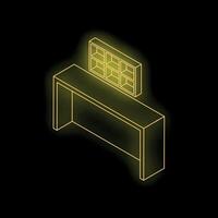 Modern desk with shelves, isometric view, neon yellow lines on black background vector