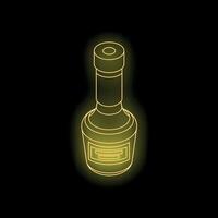 Glowing neon yellow wine bottle on black background, isometric view vector