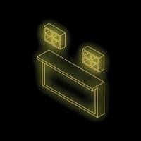 Glowing yellow neon bar counter with shelves on black background vector