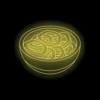 Neon yellow udon noodles in bowl on black background vector