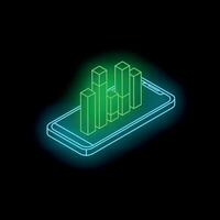 Neon smartphone displaying growing green bar chart on black background vector