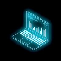 Glowing laptop showing statistical charts on its screen in dark background vector
