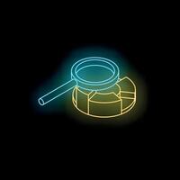 Magnifying glass examining pie chart in neon light on dark background vector