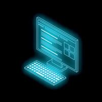 Futuristic glowing computer displaying website with keyboard on black background vector