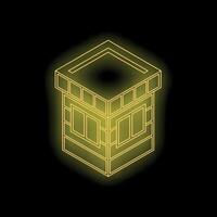 Golden kaaba shining on black background, isometric projection of holy site vector