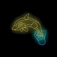Neon orca whale jumping out of water with black background vector