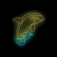 Neon orca jumping out of the water on black background vector
