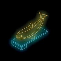 Glowing neon orca whale on platform, isometric view vector