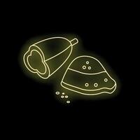 Neon yellow cocoa pod and piece of chocolate with cocoa beans on black background vector