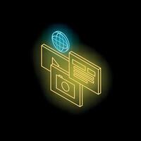 Neon icons representing digital content creation and global communication vector