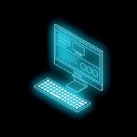 Neon blue desktop computer and keyboard shining in dark room vector