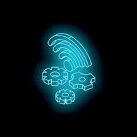Neon blue wi fi symbol floating above gears on dark background vector
