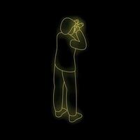 Man watching with binoculars, neon style illustration on black background vector