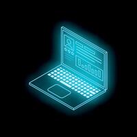 Futuristic holographic laptop displaying user profile and data analysis charts vector