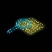 Magnifying glass searching for candidate profiles, neon icon of recruitment process vector