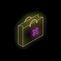 Neon shopping bag with delete cross sign on dark background vector