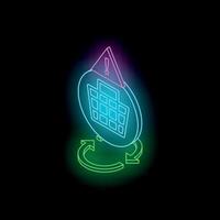 Neon e commerce return policy or shopping cart problem concept with rotating arrows and warning sign vector