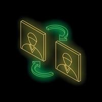 Neon glowing exchanging user profiles with green arrows on black background vector
