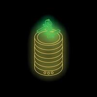 Neon green dollar sign entering into stack of golden coins on black background vector