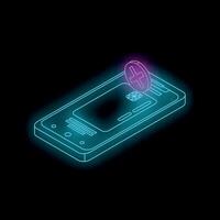 Neon smartphone showing credit card adding isometric projection icon in black background vector