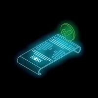 Glowing neon receipt with green check mark icon representing successful payment vector