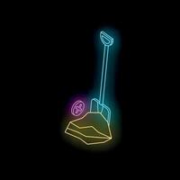 Neon shovel digging ground and discovering a coin with plus sign vector