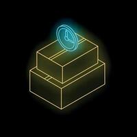 Neon sign representing fast delivery with stacked boxes and clock vector