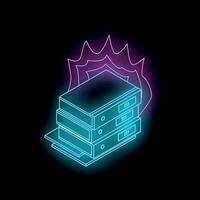 Burning servers losing data on fire in neon style vector