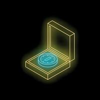 Neon sign of open box containing a casino chip on black background vector