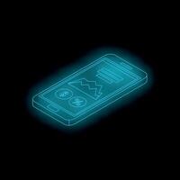 Smartphone showing financial charts and data in isometric view with neon blue outline vector