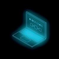 Glowing laptop showing blockchain technology on dark background vector
