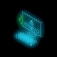 Computer showing product delivery process and user profile with upload icons vector