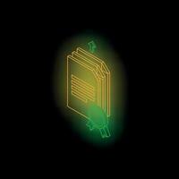 Certified documents with approved stamp and uploading arrow, isometric neon style illustration vector