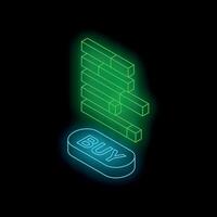 Glowing neon buy button supporting stack of bricks on black background vector