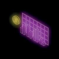 Glowing neon purple cryptocurrency growing bar chart with coin on black background vector