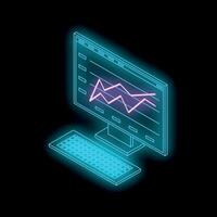 Neon computer showing growing chart on black background vector