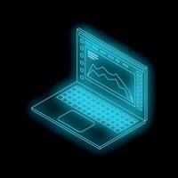 Futuristic neon laptop displaying decreasing graph on dark background vector