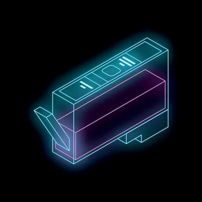 Glowing neon ink cartridge for printer on black background