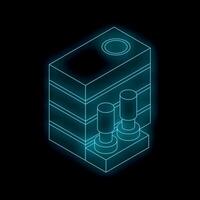 Glowing neon server rack with two cylinders and round hole on top in dark background vector