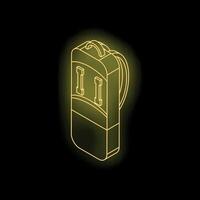 Glowing neon backpack icon representing travel and adventure on black background vector