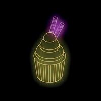Glowing neon cupcake with wafers on dark background vector