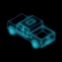 Neon blue pickup truck showing open trunk isometric view vector