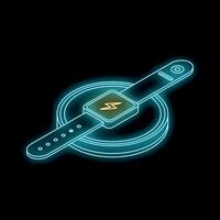 Smartwatch charging on wireless pad with neon light effect vector