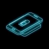 Neon glowing sign of a smartphone charging wirelessly on a charging pad vector