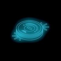 Neon icon of robot vacuum cleaner working on black background vector